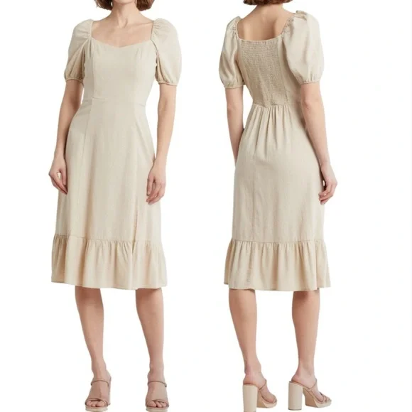 Ellen Tracy Sweetheart Neckline Balloon Sleeve Flounce Linen Midi Dress Sz Large - Picture 1 of 11
